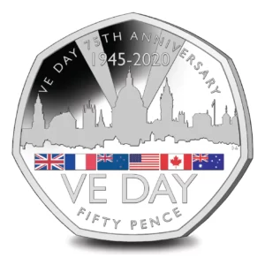 2020 Gibraltar VE Day 50p Coloured BU Coin in Capsule