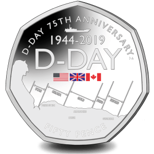 2019 Gibraltar D-Day Coloured 50p BU Diamond Finish Coin in Capsule