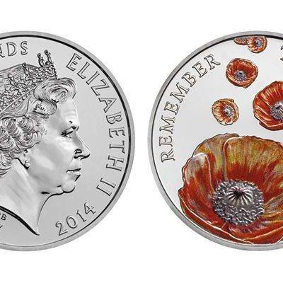 2014 Remembrance Day Alderney £5 BU Poppy Coin in Capsule