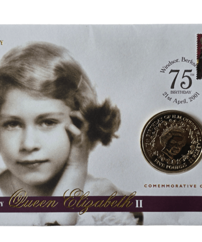 2001 Guernsey 75th Birthday of Queen Elizabeth II £5 Coin Cover PNC Mercury