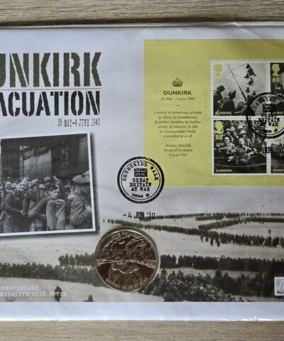 2010 Guernsey Dunkirk £5 BU Coin Cover with replica newspaper