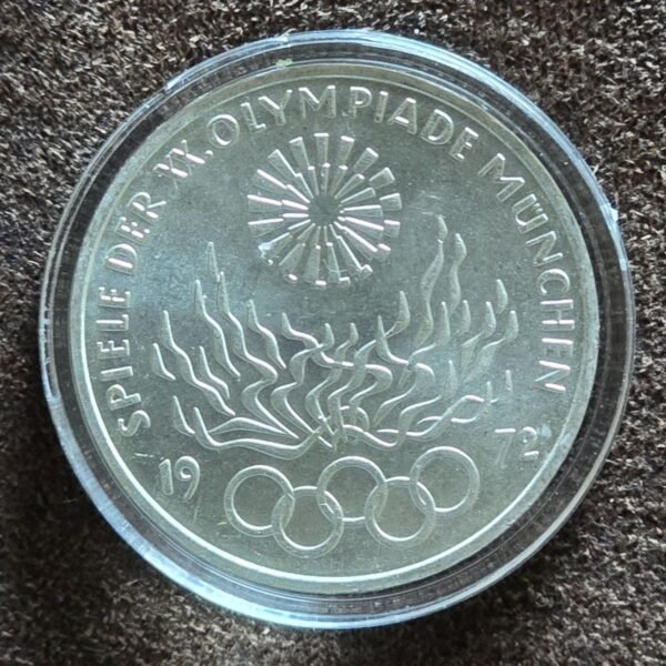 1972 Germany 'F' Munich Olympics Flame 10 Mark Silver Coin