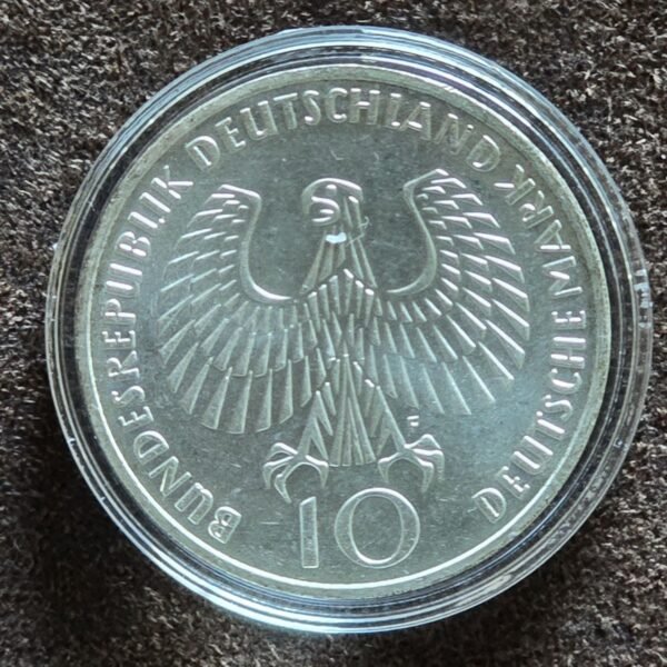 1972 Germany 'F' Munich Olympics Flame 10 Mark Silver Coin - Image 2