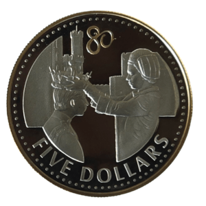 2006 Cayman Islands 80th Birthday Crowning Silver Proof $5 w/ Selective Gold Plating Coin in Capsule
