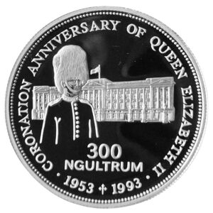 1993 Bhutan 300 Ngultrums Coronation of Queen Elizabeth II Silver Proof Coin in Capsule