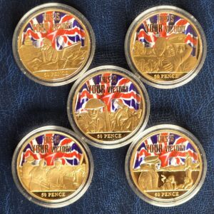 2015 Jersey - World War II Gold-Plated Coloured 50p Proof 5 Coin Set