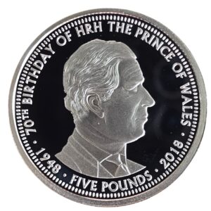 2018 Alderney 70th Birthday of HRH Prince of Wales Silver Plated Proof £5 Coin in Capsule