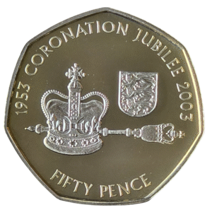 2003 Jersey Coronation Jubilee 'Crown and Scepter' Silver Proof 50p Coin in Capsule