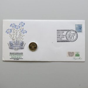 1986 UK Northern Ireland Flax £1 BU Coin Cover by Royal Mint (Small Stamp)