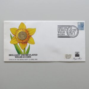 1985 UK Welsh Leek £1 BU Coin Cover by Royal Mint (Yellow)