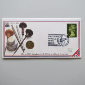1983 UK Royal Arms Introduction to £1 BU Coin Cover by Royal Mint (Large Stamp)