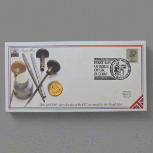 1983 UK Royal Arms Introduction to £1 BU Coin Cover by Royal Mint (Small Stamp)