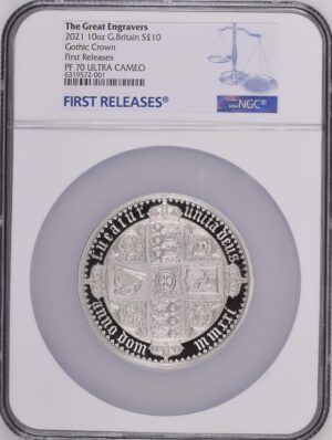 2021 UK The Gothic Crown - Quartered Arms 10 Oz Silver Proof PF70 NGC Graded