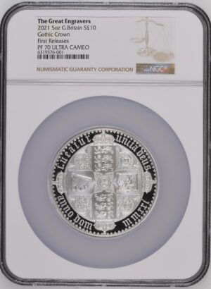 2021 UK The Gothic Crown - Quartered Arms 5 Oz Silver Proof PF70 NGC Graded