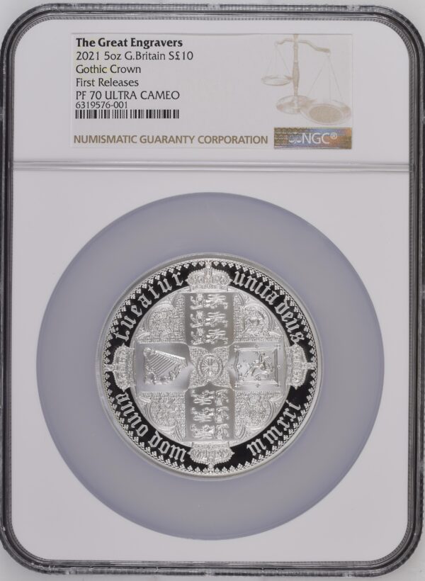 2021 UK The Gothic Crown – Quartered Arms 5 Oz Silver Proof PF70