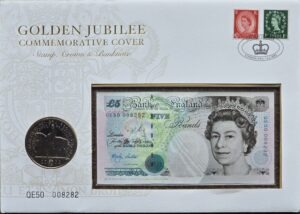 2002 Golden Jubilee BU £5 Coin and £5 Unc QE50 Series Bank Note Cover