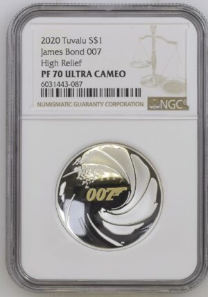 2020 Tuvalu - James Bond 1 Oz High Relief Silver Proof $1 PF70 NGC Graded <br><b>Only 29 Coins in PF70</b>