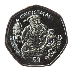 1999 Gibraltar Santa with Apes Christmas BU 50p Coin in Capsule