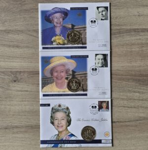 2001 2002 Falkland Islands Queen's Golden Jubilee Prooflike 50p 3x Coin Cover Collection by Mercury