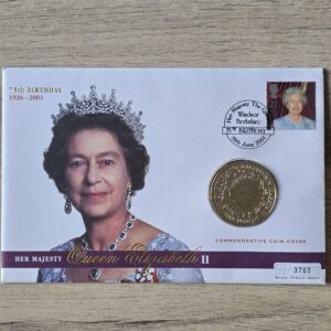 2001 Guernsey 75th Birthday of Queen Elizabeth II £5 Coin Cover 'Old' Mercury