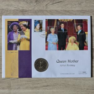 1980 2001 Queen Mother 101st Birthday UK Crown BU Coin Cover by Mercury
