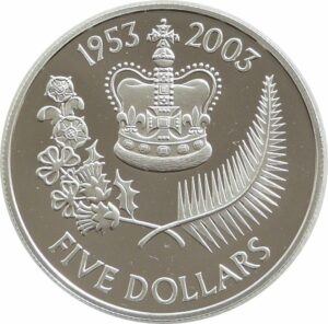VATFREE: 2003 NewZealand 50th Coronation Anniversary $5 Silver Proof Coin in Capsule