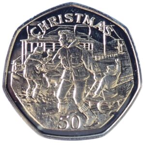 1995 Isle of Man Christmas Children Sledding 50p BU Coin in Capsule