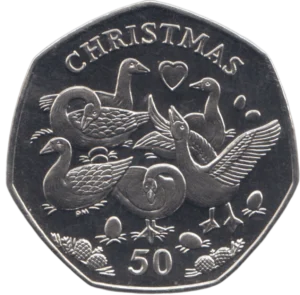 2010 Isle of Man Christmas Six Geese-A-Laying 50p Circulated Coin in Capsule