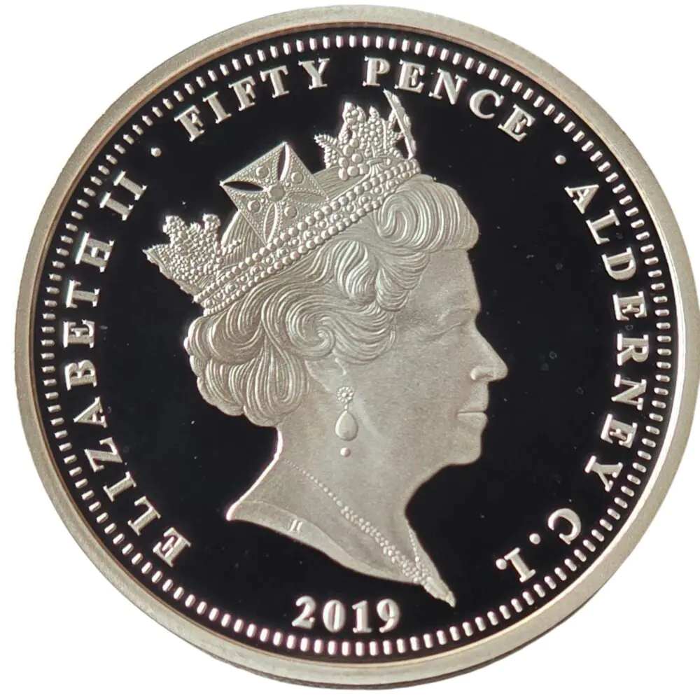 2019 Alderney 75th Anniversary D-Day 'Sword' Silver Plated Proof 50p Coin in Capsule