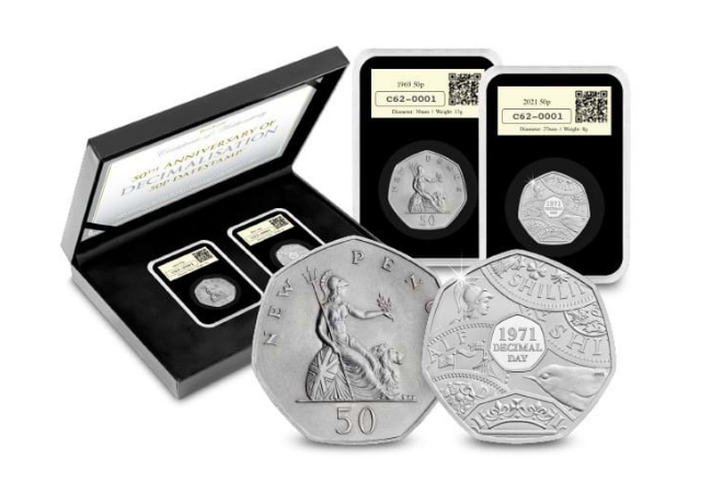 2021 50th Anniversary of Decimalisation 50p BU and 1969 Circulated in DateStamp Set