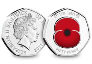 2021 Jersey Remembrance Poppy BU Coloured 50p Coin in Capsule