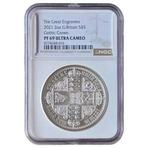 2021 UK The Gothic Crown - Quartered Arms 2 Oz Silver Proof PF69 NGC Graded