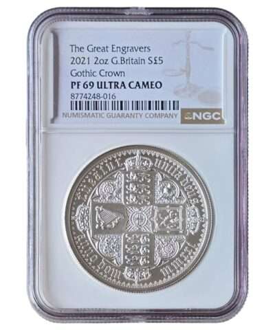 2021 UK The Gothic Crown – Quartered Arms 2 Oz Silver Proof PF69 NGC Graded