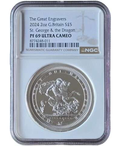 2024 UK Benedetto Pistrucci St George and the Dragon 2 Oz Silver Proof PF69 NGC Graded