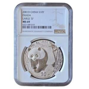 RARE: 2001 China - Panda 'Large D' 10 Yuan 1 oz Silver MS69 NGC Graded