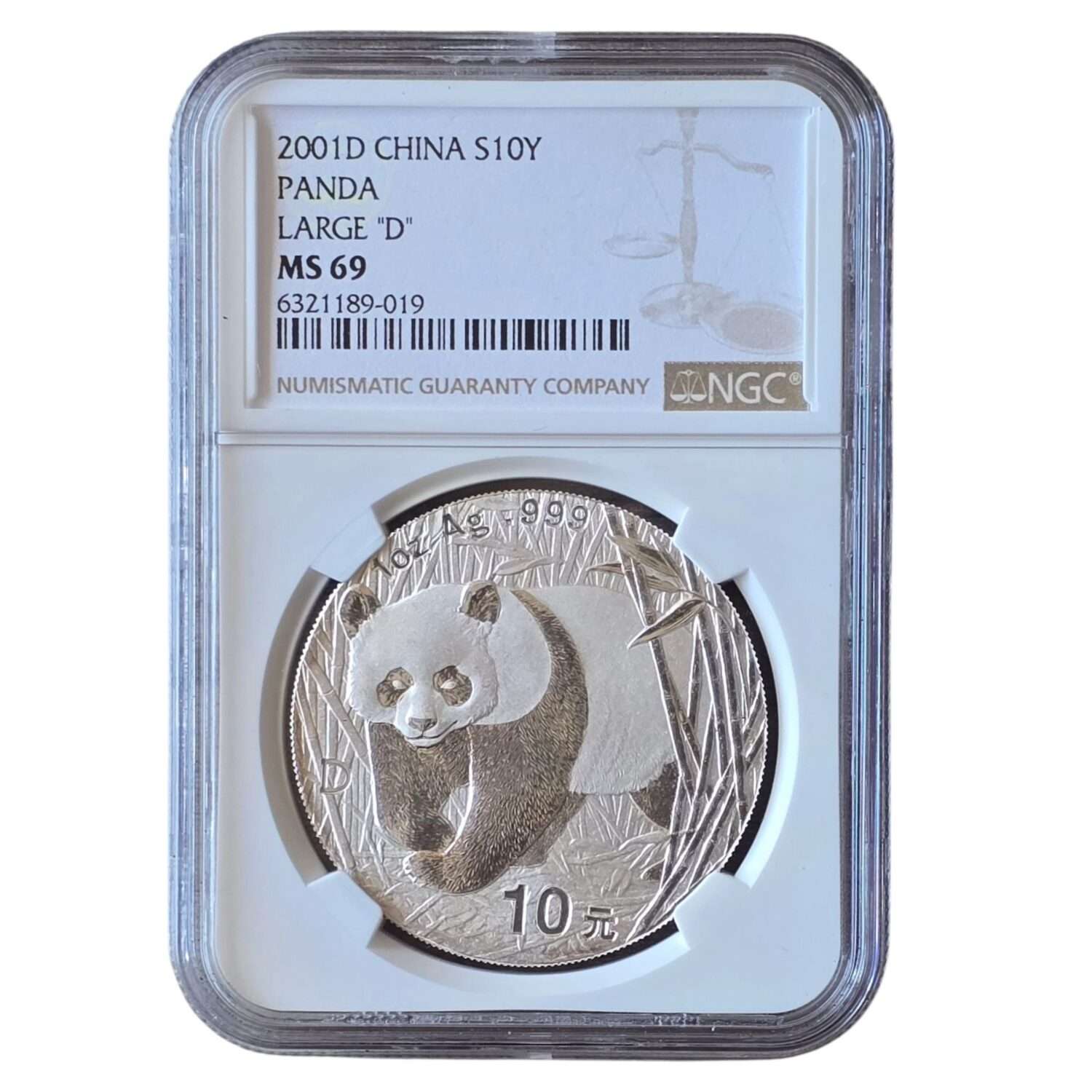 RARE: 2001 China - Panda 'Large D' 10 Yuan 1 oz Silver MS69 NGC Graded