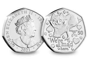 2021 Isle of Man Alice in Wonderland 'We're all mad here' 50p BU Coin in Capsule