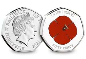 2021 Jersey Remembrance Large Poppy BU Coloured 50p Coin in Capsule