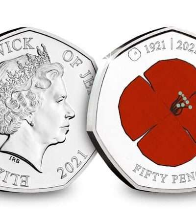 2021 Jersey Remembrance Large Poppy BU Coloured 50p Coin in Capsule